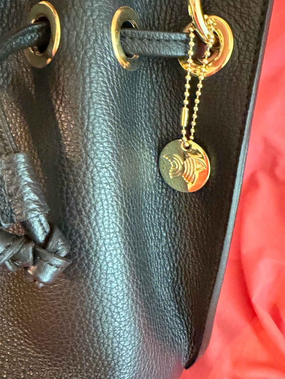 Black Leather Drawstring Tote with Gold Accent